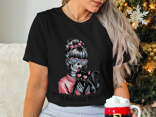 Skeleton Cat Lover T-Shirt: "My Cat Never Broke My Heart" Humor