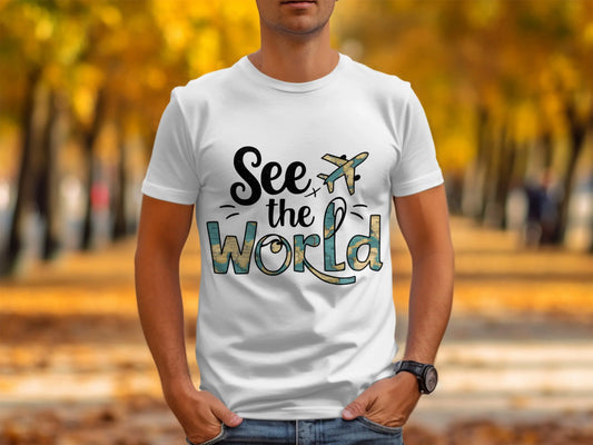 World Traveler T-Shirt: "See the World" Plane World Map Filled Tee