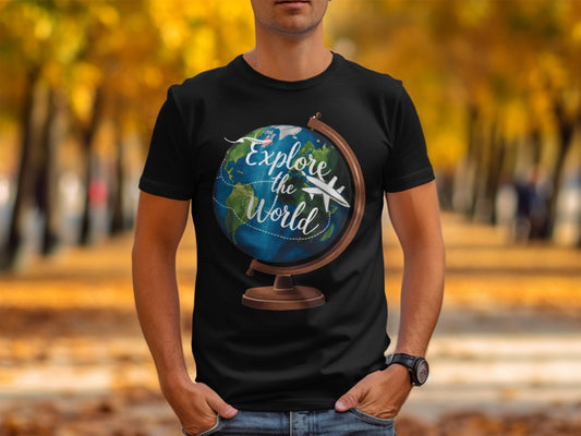 World Explore T-Shirt: Globe With a Plane Graphic Design