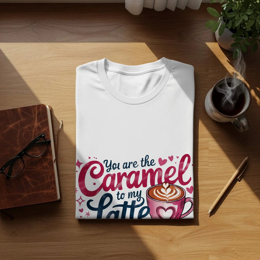 Funny Coffee Lover T-Shirt: "Caramel to My Latte" Pink Graphic Tee