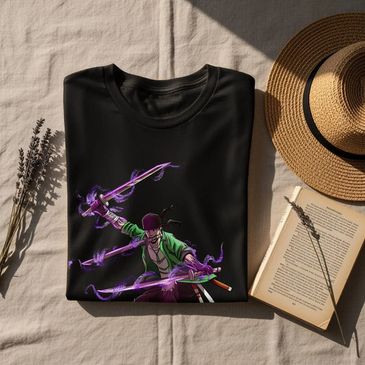 Zoro Three Swords Style on Skateboard with Purple Aura T-Shirt Boofy