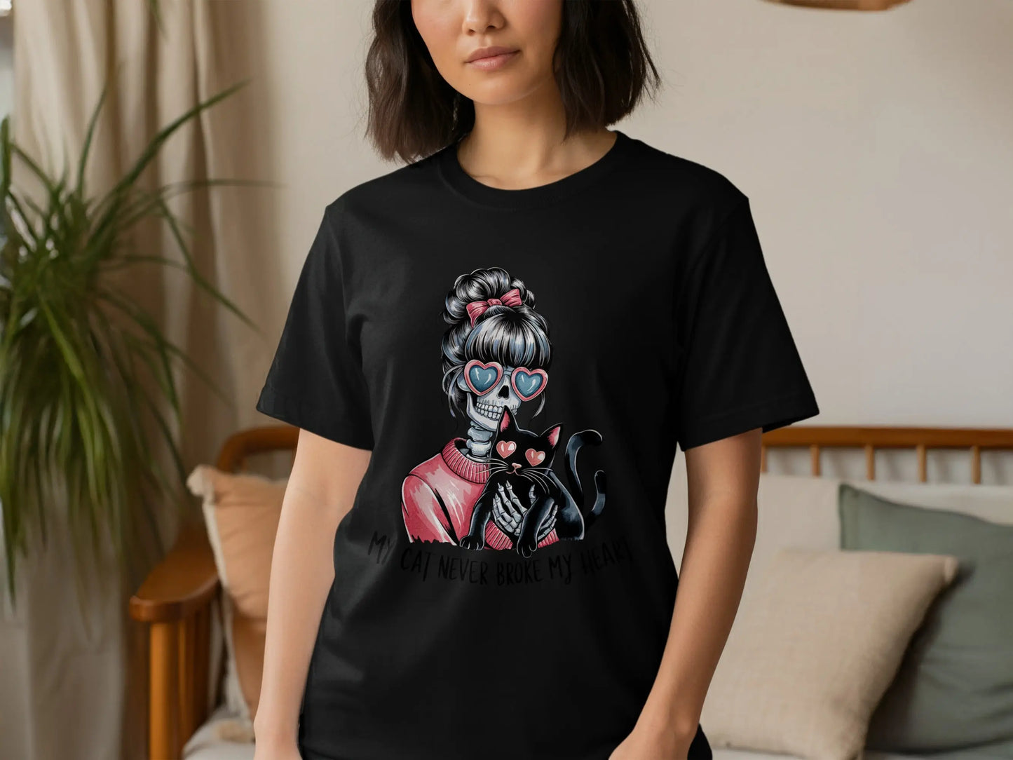 Skeleton Cat Lover T-Shirt: "My Cat Never Broke My Heart" Humor