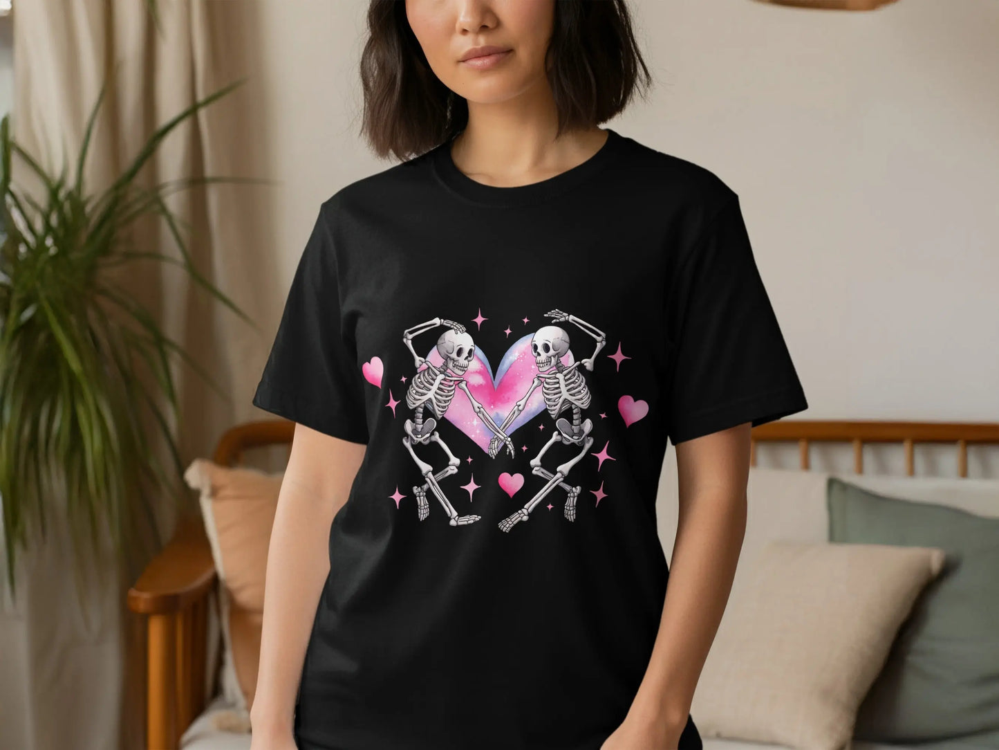Gothic Valentine's T-Shirt: Skeleton Lovers in Heart Galaxy