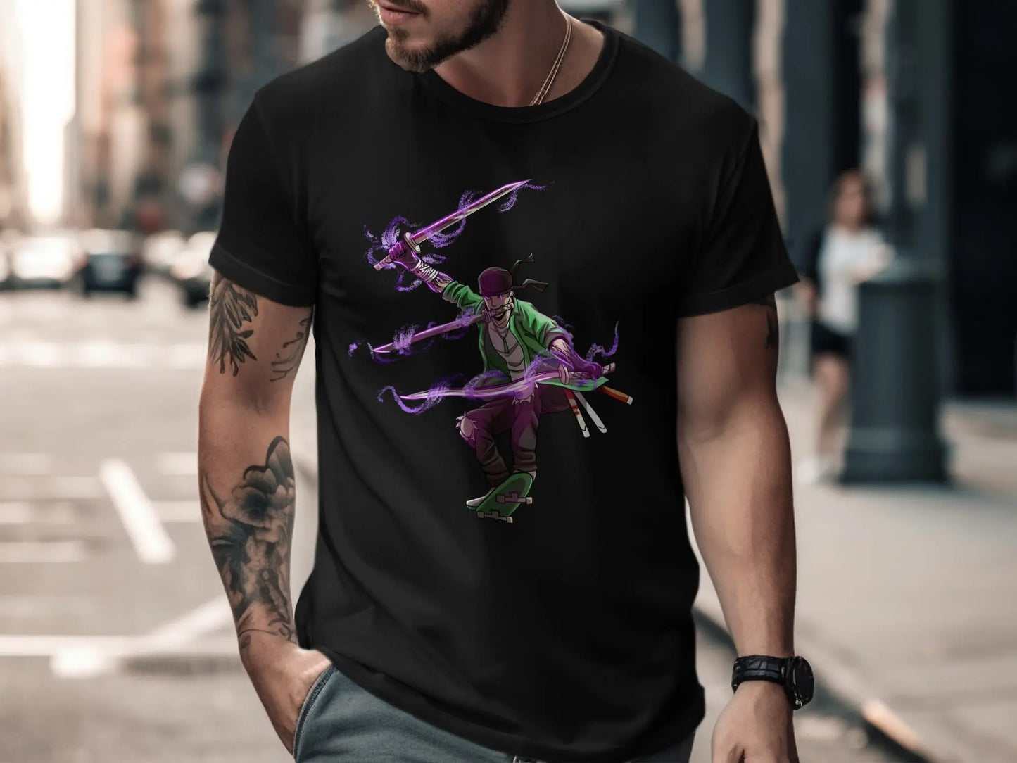 Zoro Three Swords Style on Skateboard with Purple Aura T-Shirt Boofy
