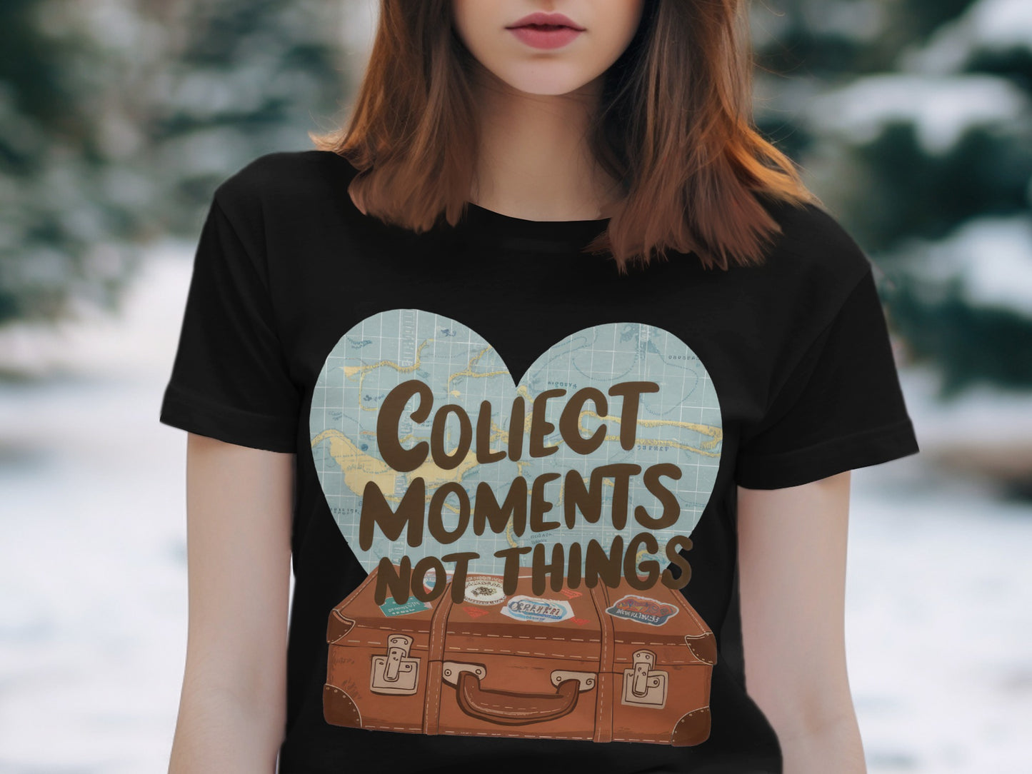Motivational Travel T-Shirt: "Collect Moments Not Things" Suitcase Map