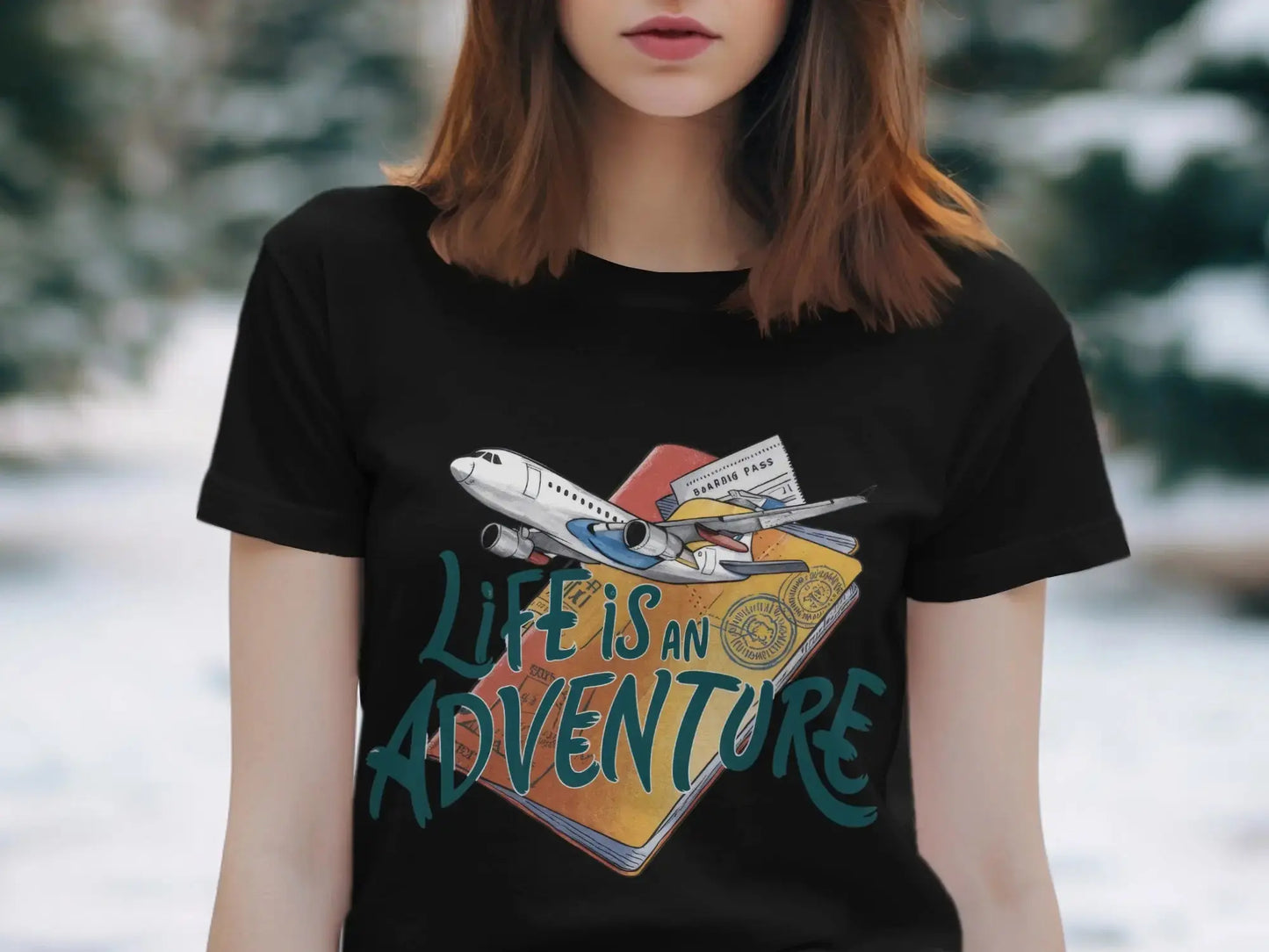 Adventure T-Shirt: "Life Is an Adventure" Airplane Over Passport Design