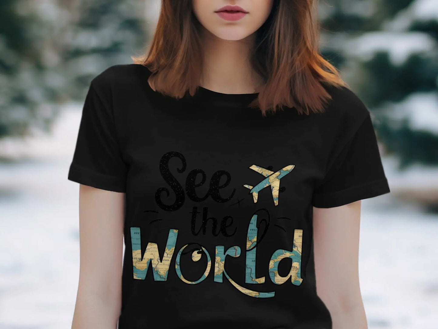 World Traveler T-Shirt: "See the World" Plane World Map Filled Tee