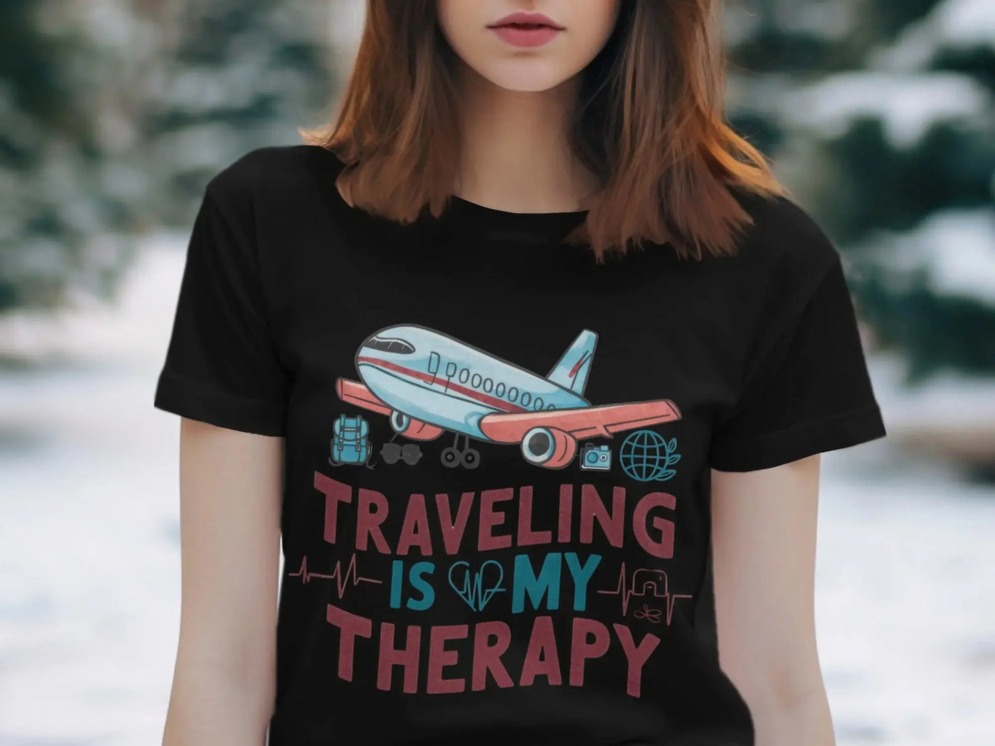 Funny Tourist T-Shirt: "Traveling Is My Therapy" Airplane Graphi