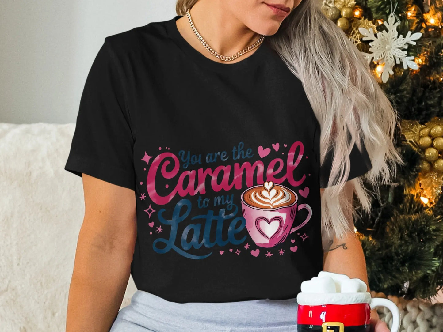 Funny Coffee Lover T-Shirt: "Caramel to My Latte" Pink Graphic Tee