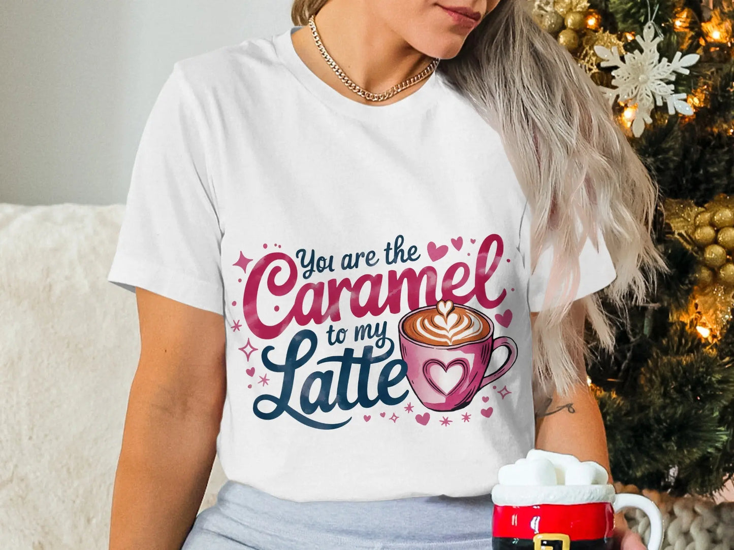 Funny Coffee Lover T-Shirt: "Caramel to My Latte" Pink Graphic Tee