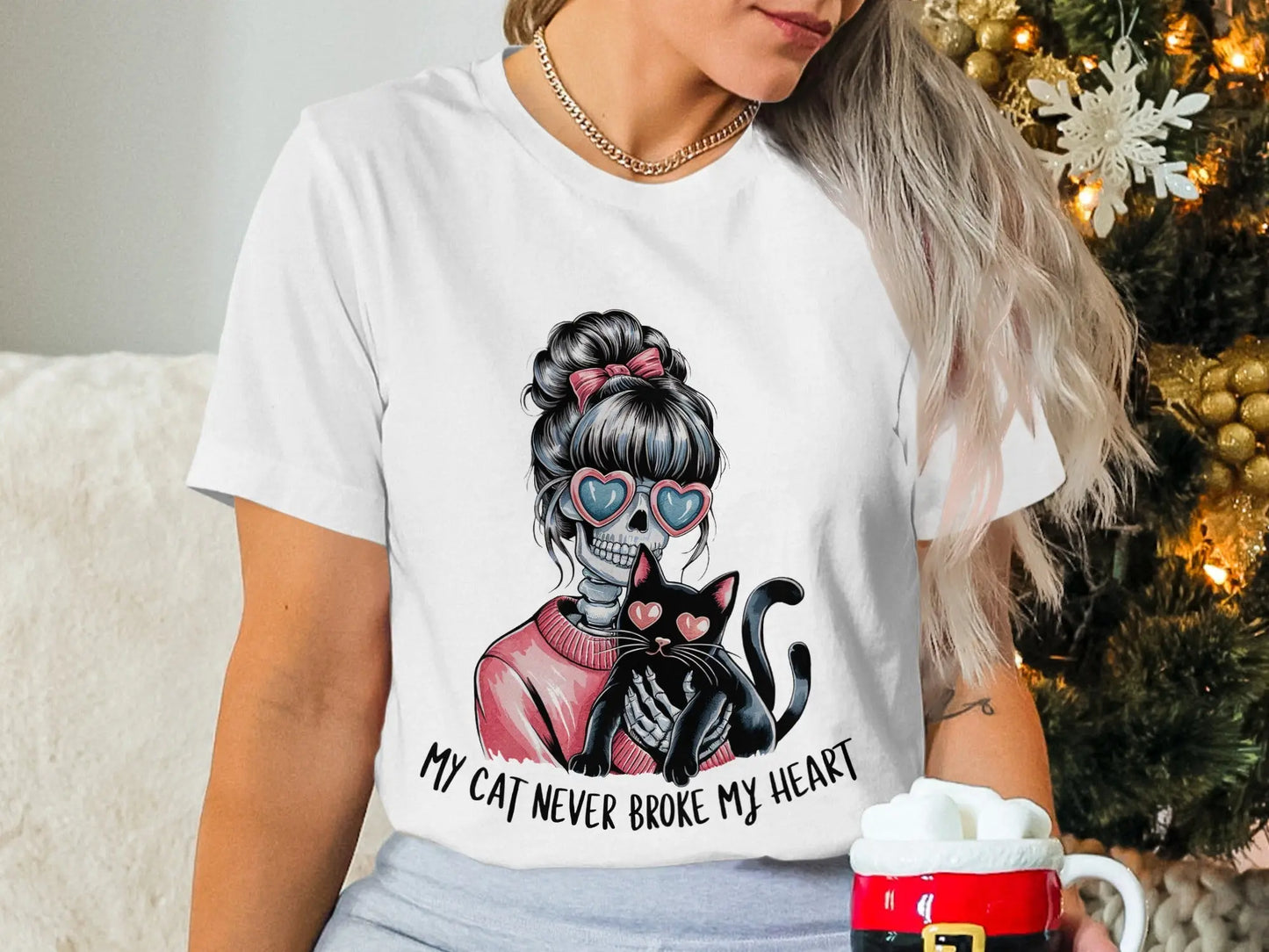 Skeleton Cat Lover T-Shirt: "My Cat Never Broke My Heart" Humor