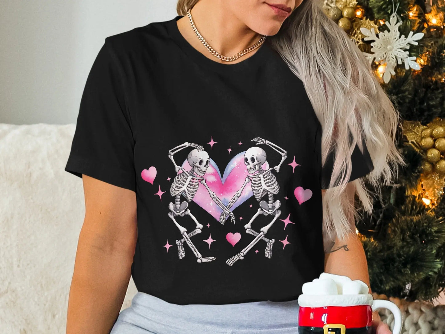 Gothic Valentine's T-Shirt: Skeleton Lovers in Heart Galaxy