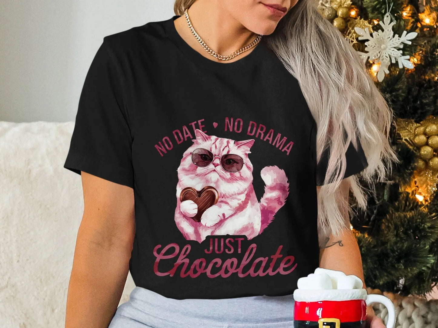 Funny Cat Lover T-Shirt: "No Date No Drama Just Chocolate"
