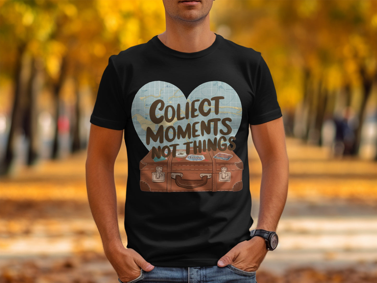 Motivational Travel T-Shirt: "Collect Moments Not Things" Suitcase Map