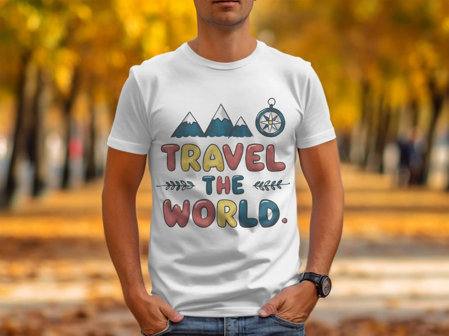 Wanderlust T-Shirt: "Travel The World" Mountains Compass Artwork