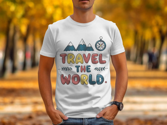 Wanderlust T-Shirt: "Travel The World" Mountains Compass Artwork
