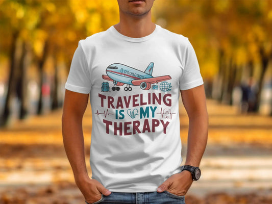 Funny Tourist T-Shirt: "Traveling Is My Therapy" Airplane Graphi