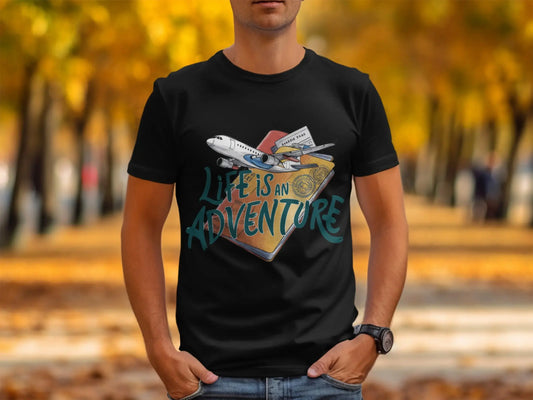 Adventure T-Shirt: "Life Is an Adventure" Airplane Over Passport Design