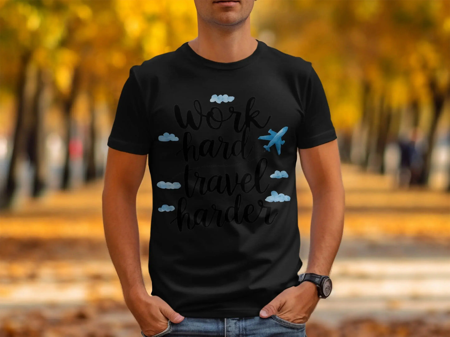 Wanderlust T-Shirt: "Work Hard Travel Harder" Airplane Clouds Tee