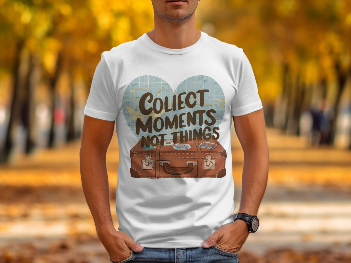 Motivational Travel T-Shirt: "Collect Moments Not Things" Suitcase Map