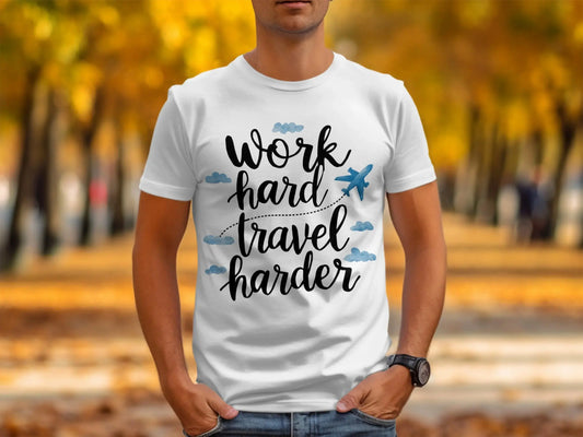 Wanderlust T-Shirt: "Work Hard Travel Harder" Airplane Clouds Tee