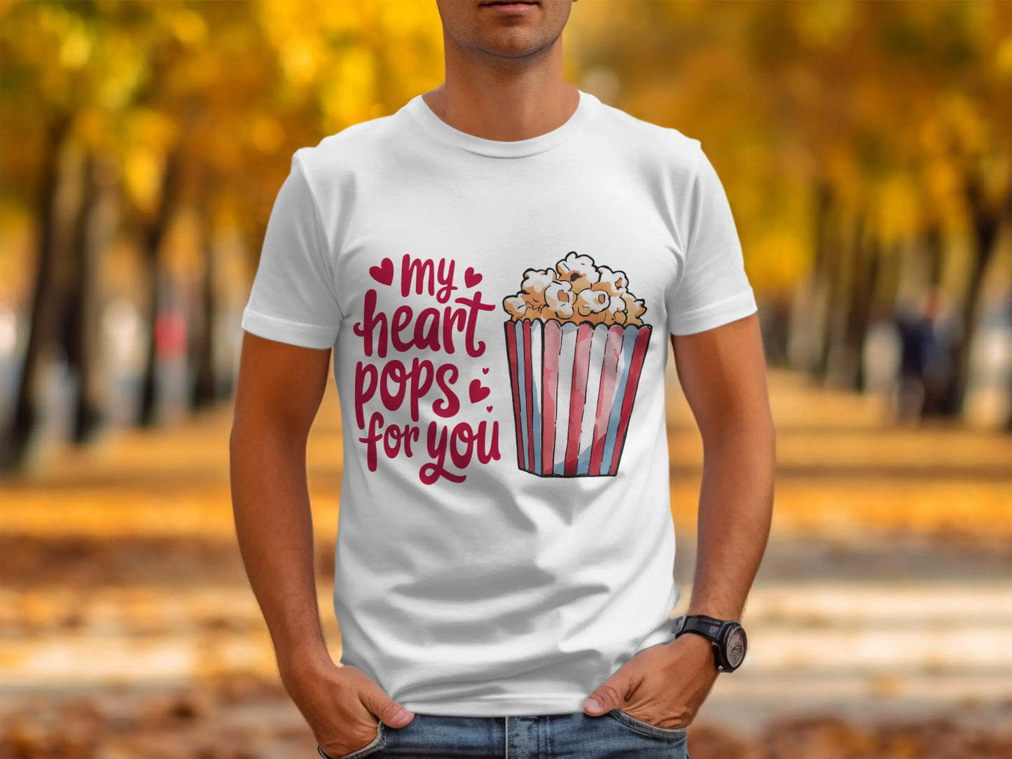 "My Heart Pops For You" Red Hearts Popcorn T-Shirts Boofy