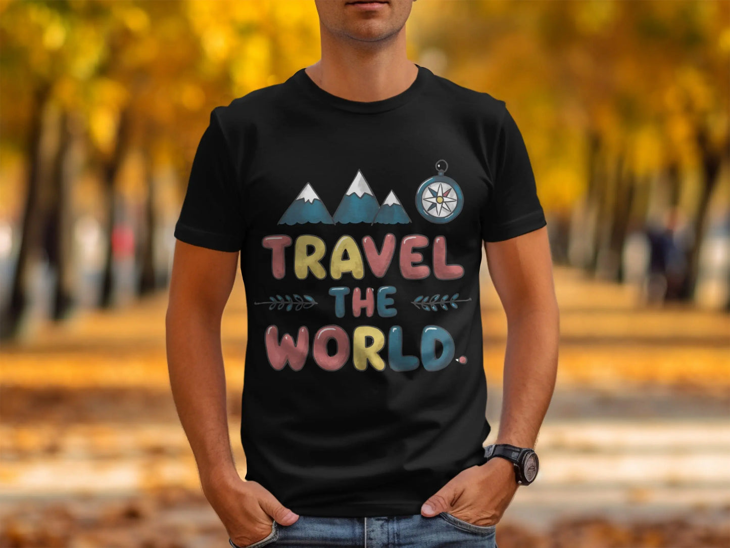 Wanderlust T-Shirt: "Travel The World" Mountains Compass Artwork