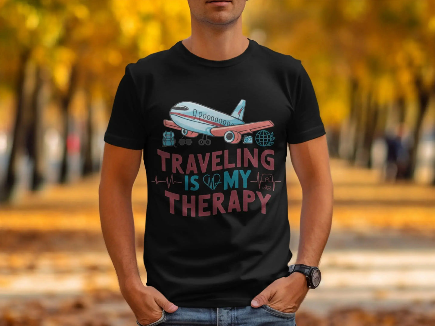 Funny Tourist T-Shirt: "Traveling Is My Therapy" Airplane Graphi