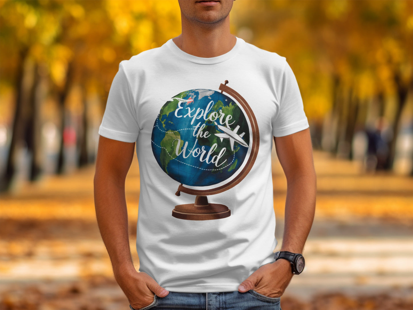 World Explore T-Shirt: Globe With a Plane Graphic Design