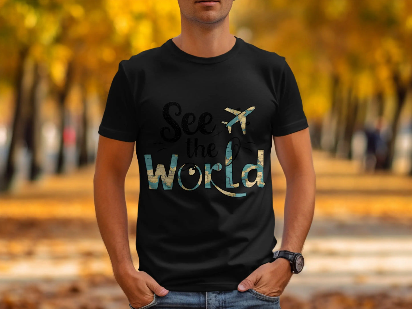 World Traveler T-Shirt: "See the World" Plane World Map Filled Tee