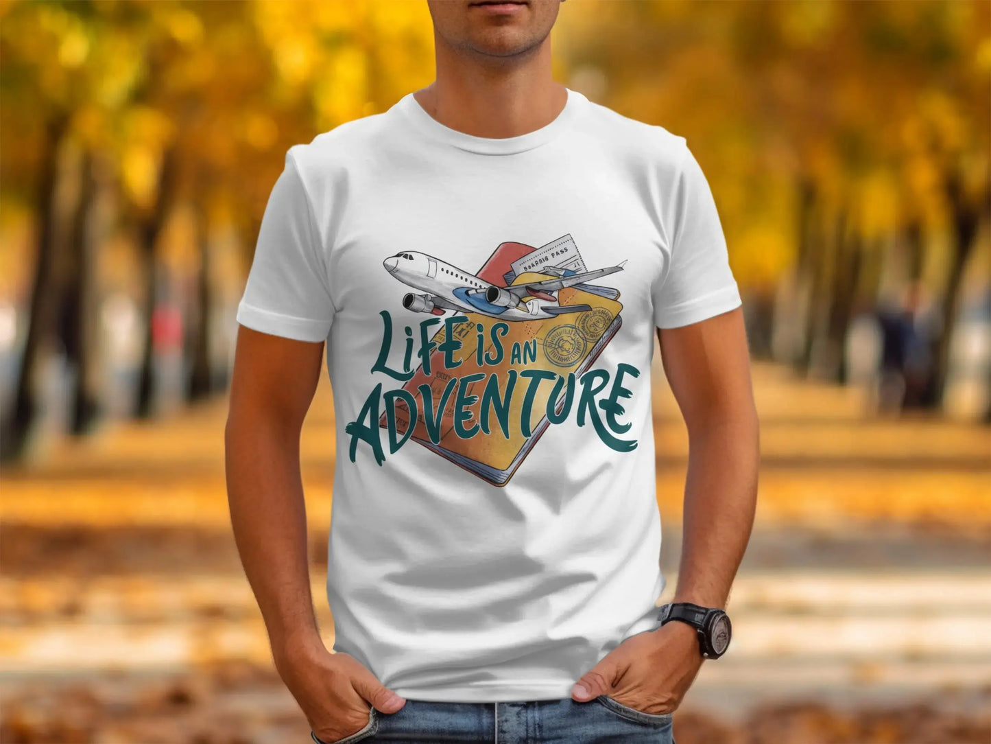 Adventure T-Shirt: "Life Is an Adventure" Airplane Over Passport Design