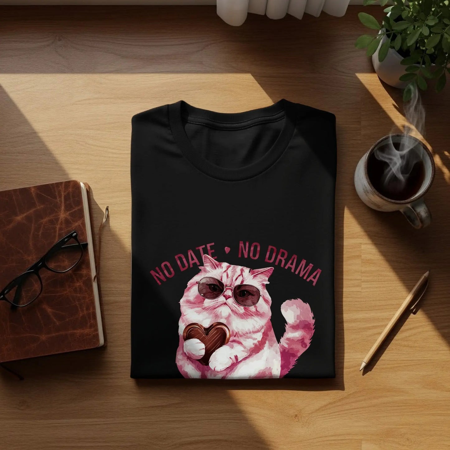 Funny Cat Lover T-Shirt: "No Date No Drama Just Chocolate"