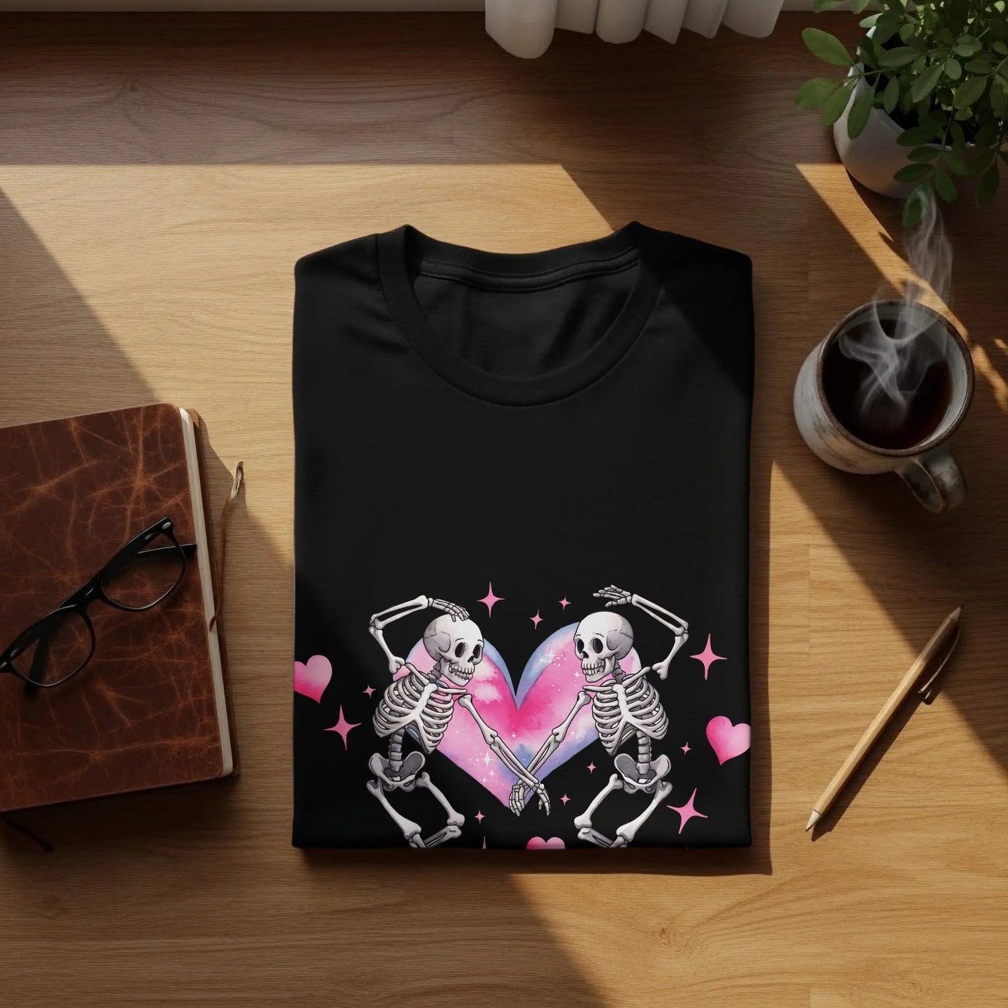 Gothic Valentine's T-Shirt: Skeleton Lovers in Heart Galaxy