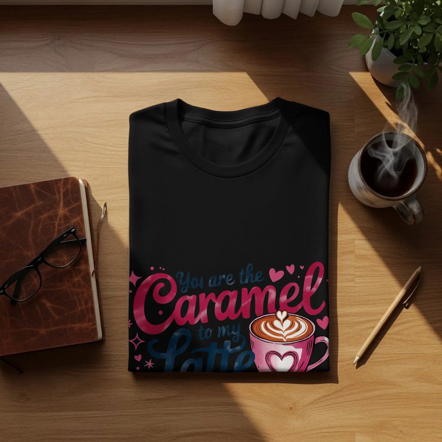 Funny Coffee Lover T-Shirt: "Caramel to My Latte" Pink Graphic Tee