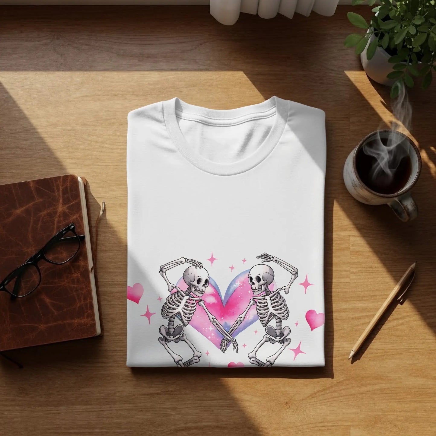 Gothic Valentine's T-Shirt: Skeleton Lovers in Heart Galaxy