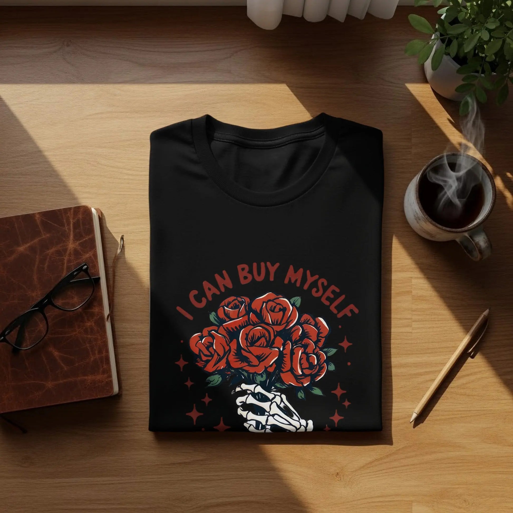 "I Can Buy Myself Flowers" Bouquet In Hand Skeleton T-Shirts Boofy
