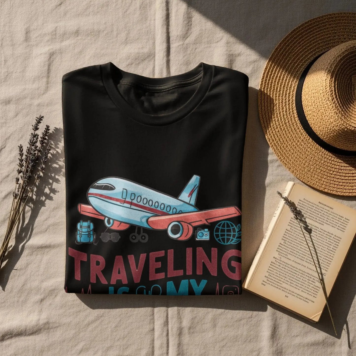 Funny Tourist T-Shirt: "Traveling Is My Therapy" Airplane Graphi