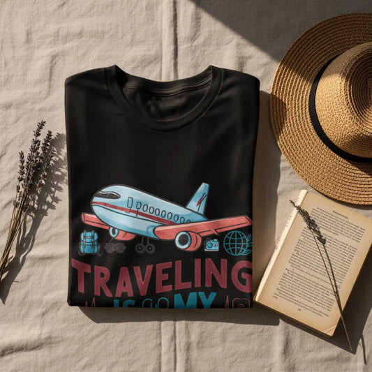 Funny Tourist T-Shirt: "Traveling Is My Therapy" Airplane Graphi