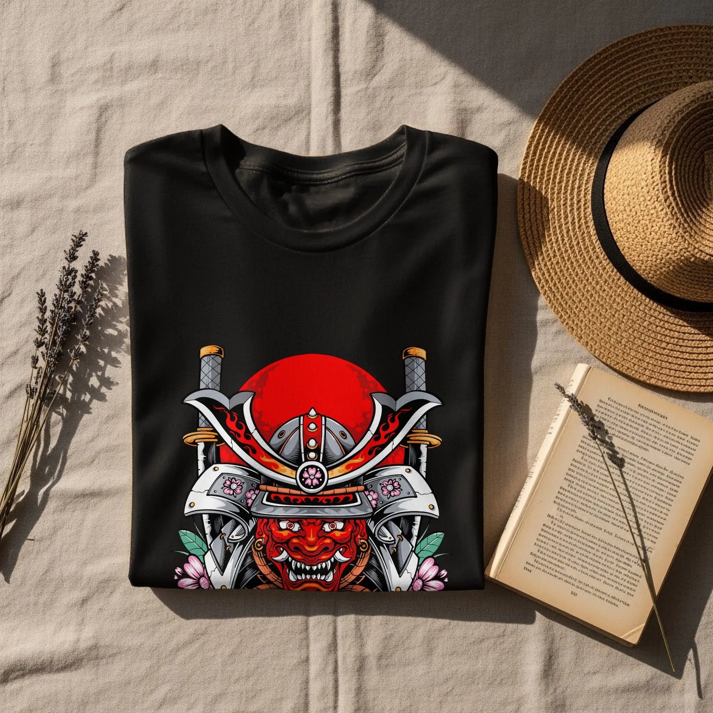 Samurai Mask with Swords and Cherry Blossoms Design T-Shirt Boofy