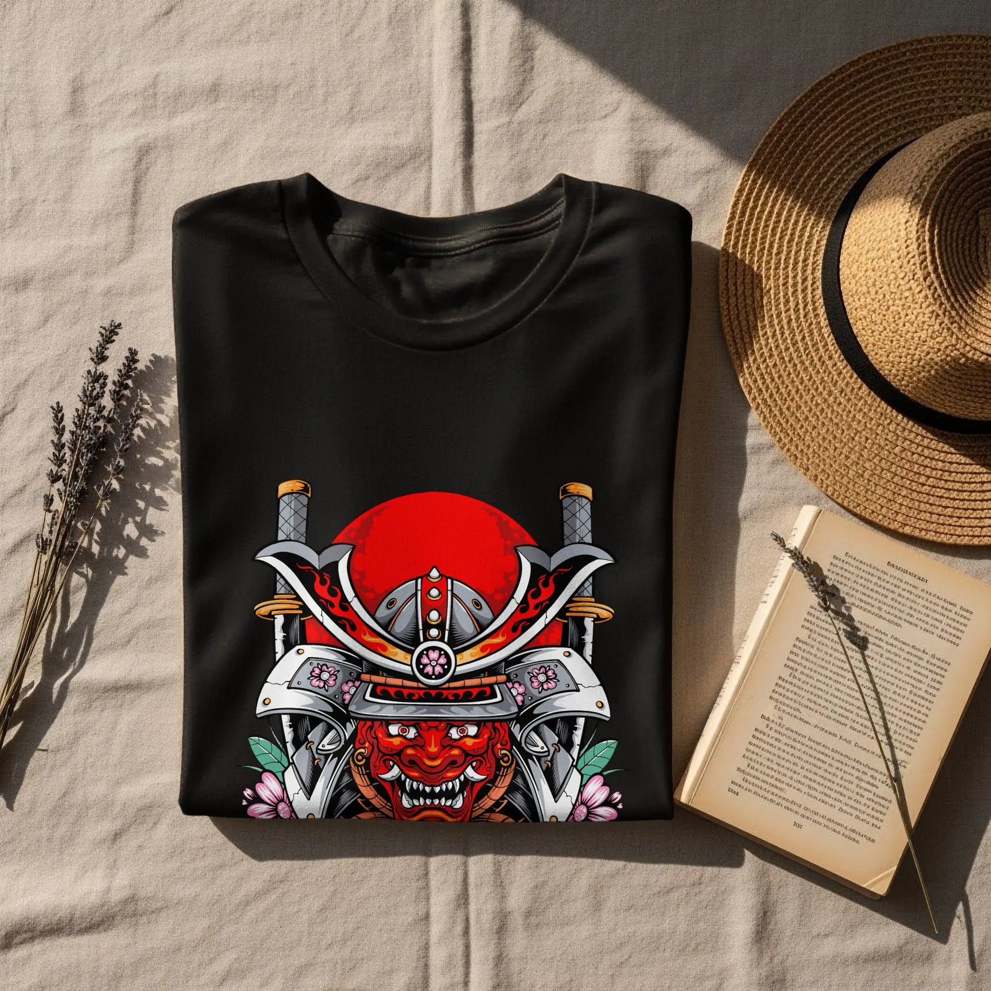 Samurai Mask with Swords and Cherry Blossoms Design T-Shirt Boofy