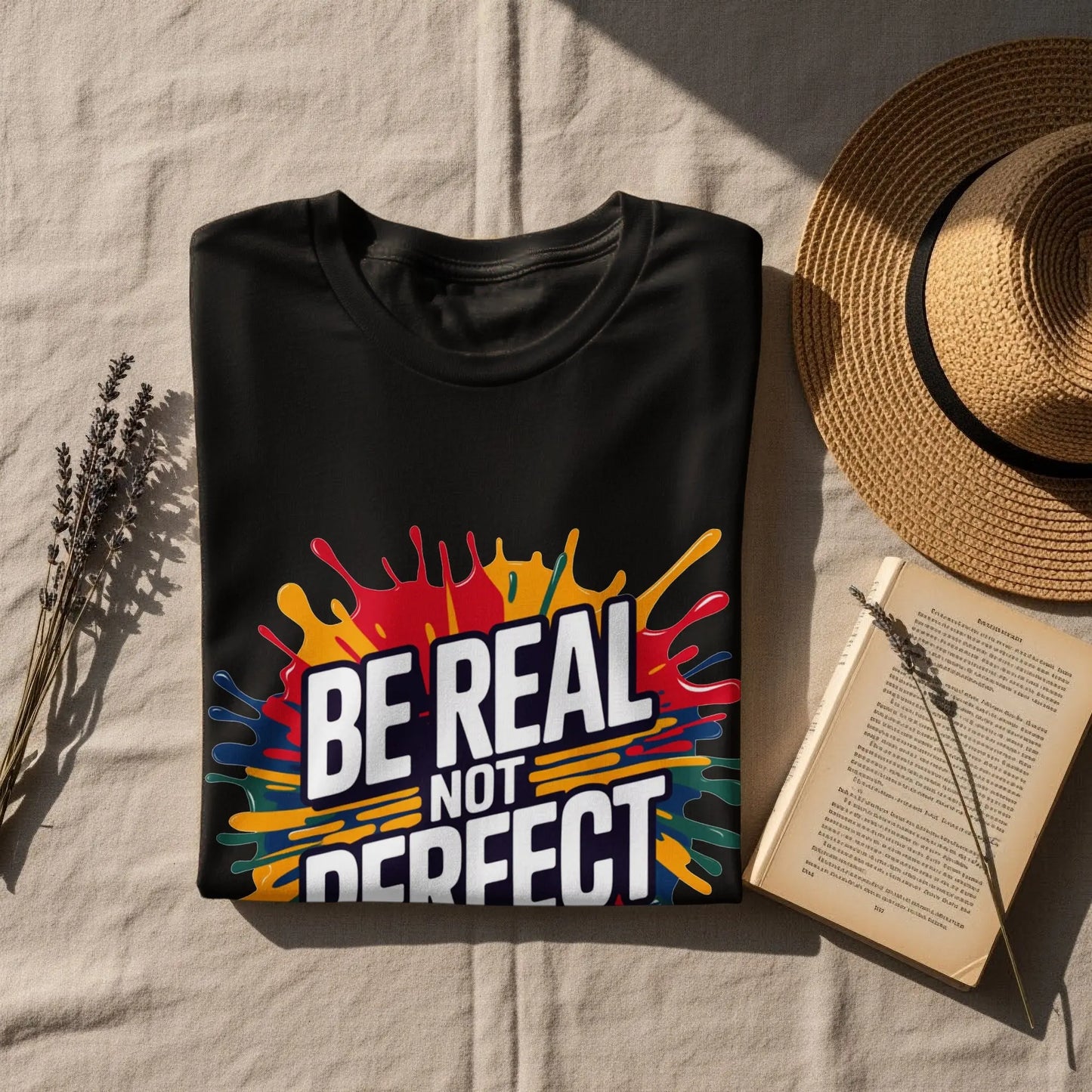 Motivational T-Shirt: "Be Real Not Perfect" Colorful Splash Design