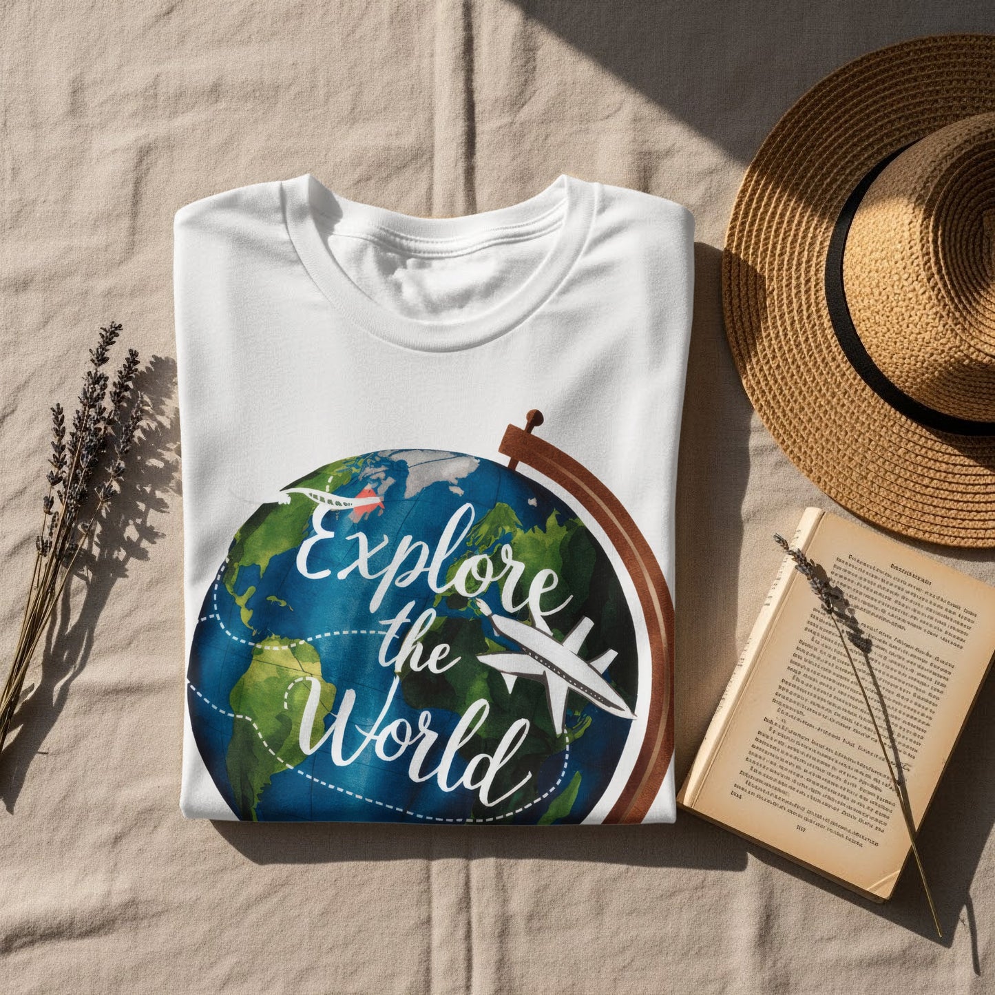 World Explore T-Shirt: Globe With a Plane Graphic Design