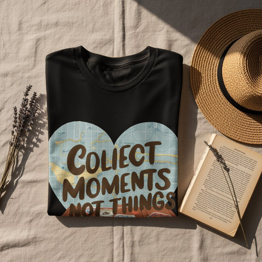 Motivational Travel T-Shirt: "Collect Moments Not Things" Suitcase Map