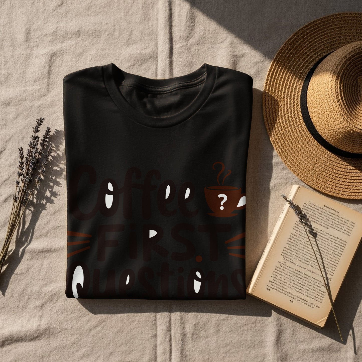 Coffee Lover T-Shirt: "Coffee First Questions Later" Graphic Design