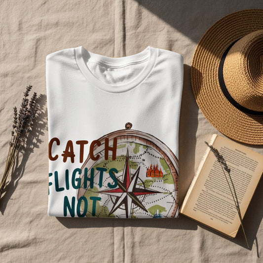 Sassy Traveler T-Shirt: "Catch Flights Not Feelings" Compass Design