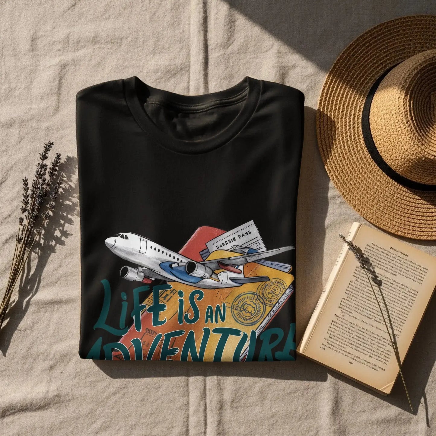 Adventure T-Shirt: "Life Is an Adventure" Airplane Over Passport Design