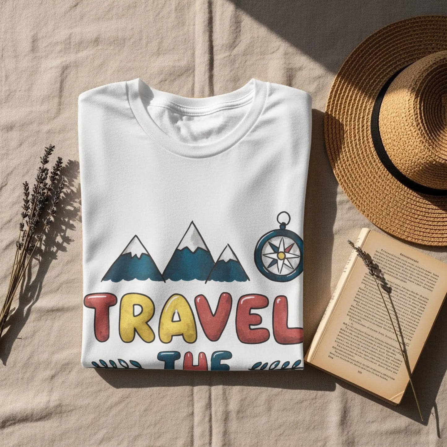 Wanderlust T-Shirt: "Travel The World" Mountains Compass Artwork