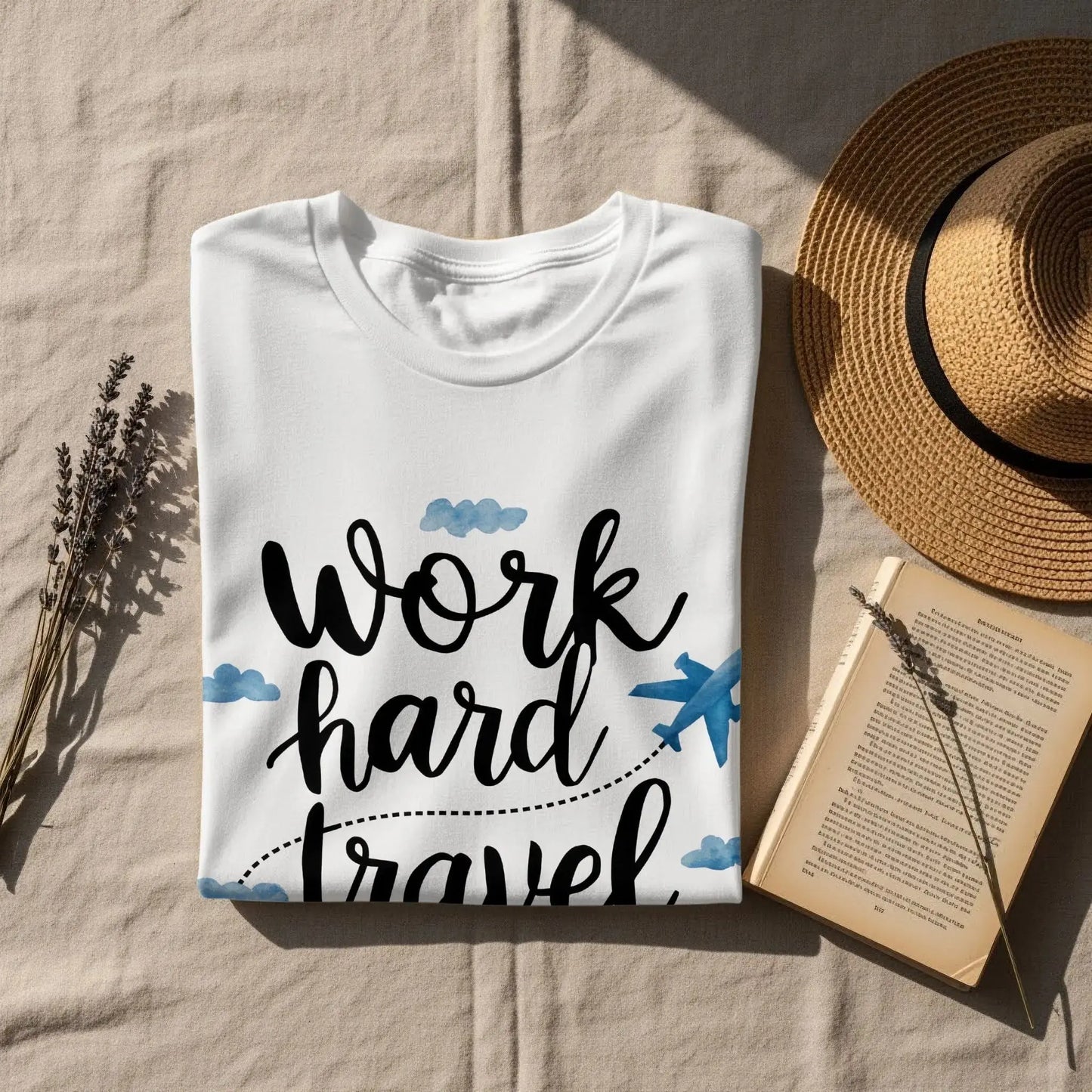 Wanderlust T-Shirt: "Work Hard Travel Harder" Airplane Clouds Tee