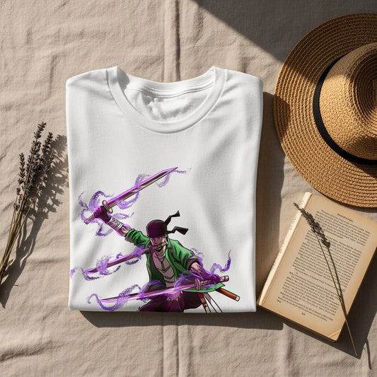 Zoro Three Swords Style on Skateboard with Purple Aura T-Shirt Boofy