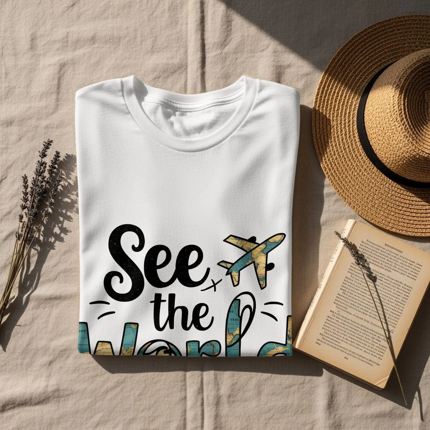 World Traveler T-Shirt: "See the World" Plane World Map Filled Tee